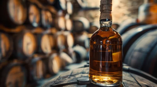 a bottle of rum in a rum distillery