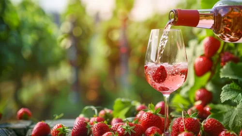 Strawberry wine being poured into a glass surrounded by fresh strawberries