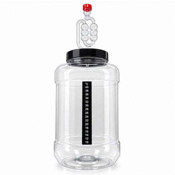 Plastic demijohn with lcd thermometer and airlock