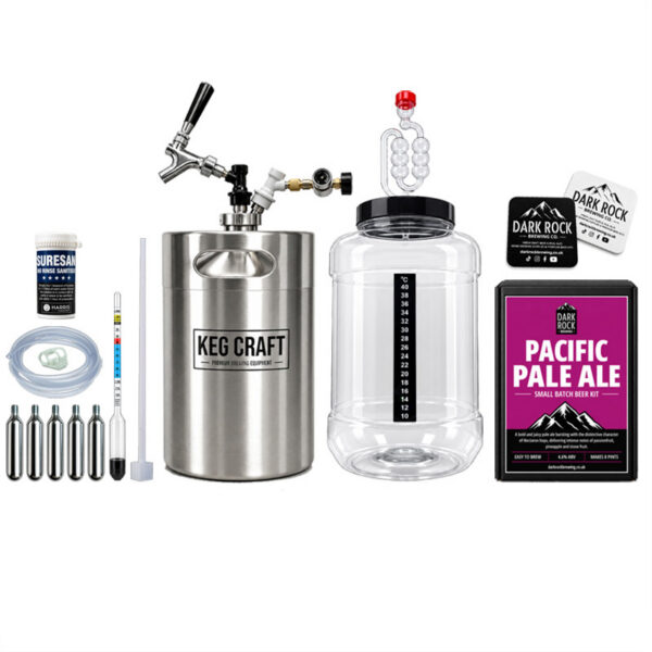 Dark Rock small batch homebrew beer starter kit with stainless steel mini keg - pacific pale ale