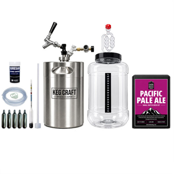 Dark Rock small batch homebrew beer starter kit with stainless steel mini keg - pacific pale ale