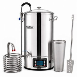 Keg Craft All in One Brewing System with wort chiller, hop spider and stainless steel homebrew paddle