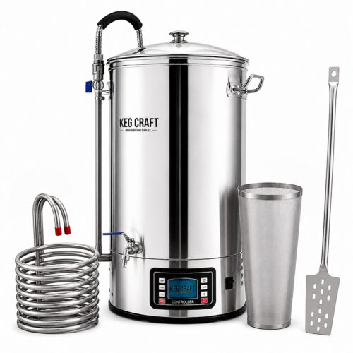 Keg Craft All in One Brewing System with wort chiller, hop spider and stainless steel homebrew paddle