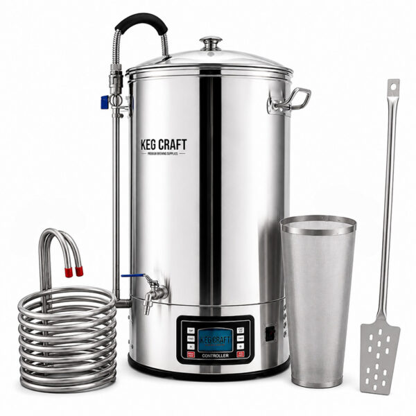 Keg Craft All in One Brewing System with wort chiller, hop spider and stainless steel homebrew paddle